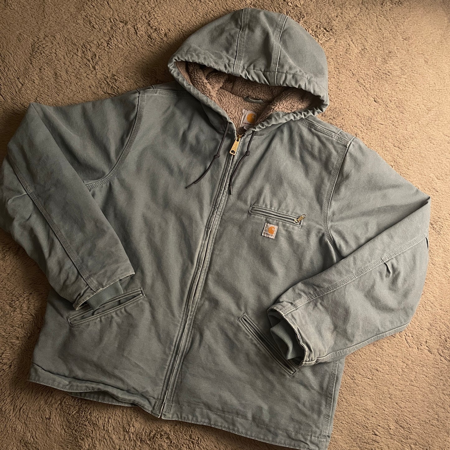Light Blue Carhartt Denim-Sherpa Hoodie Jacket (XL)