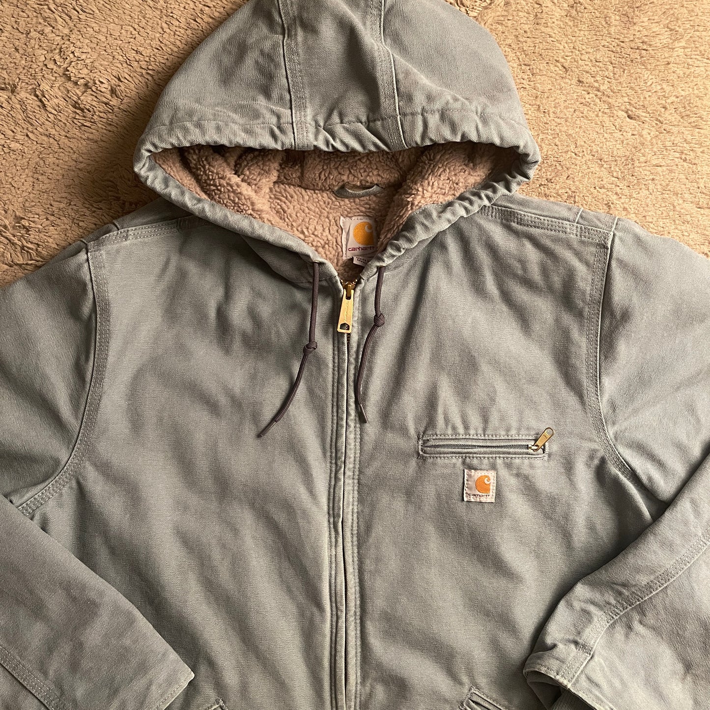 Light Blue Carhartt Denim-Sherpa Hoodie Jacket (XL)