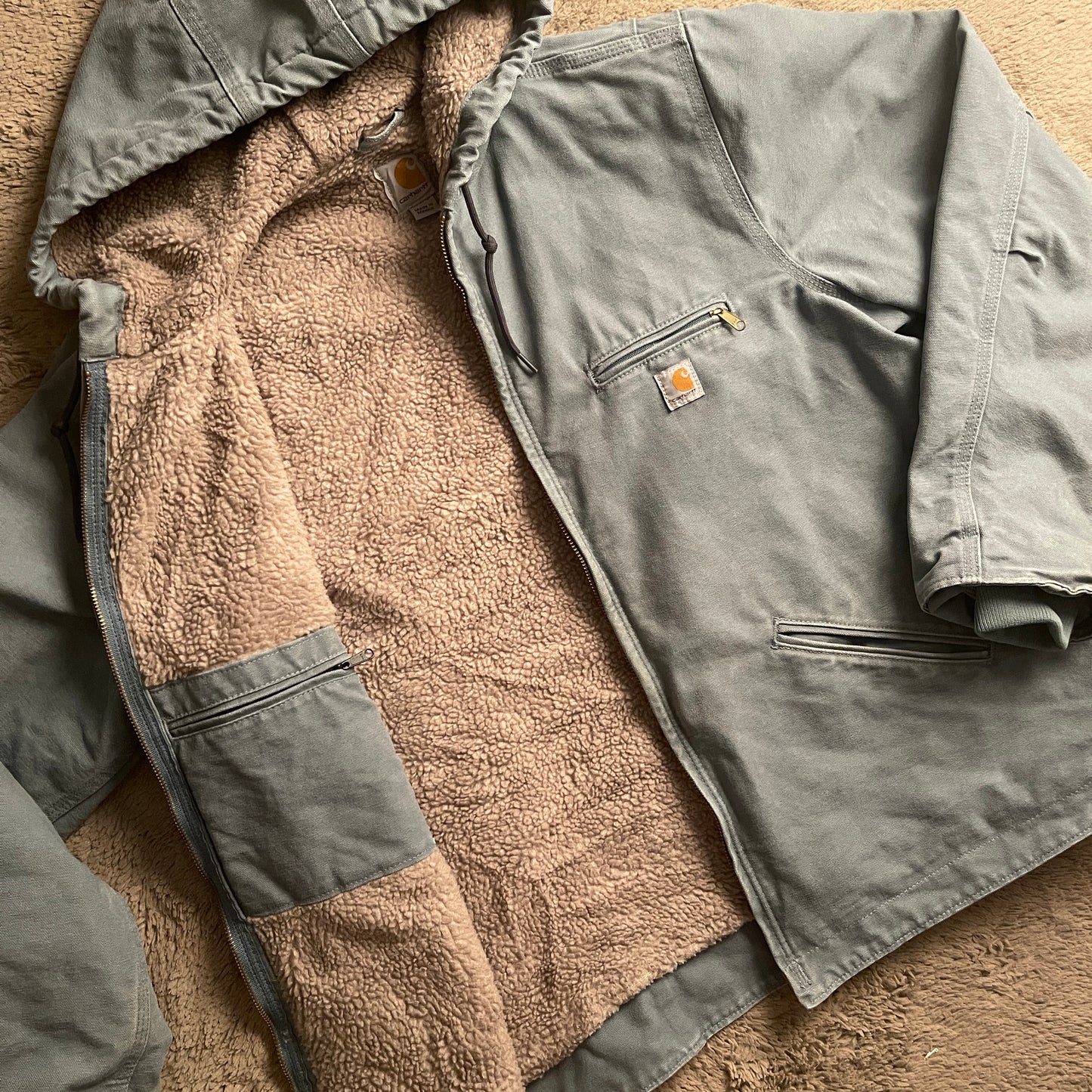 Light Blue Carhartt Denim-Sherpa Hoodie Jacket (XL)