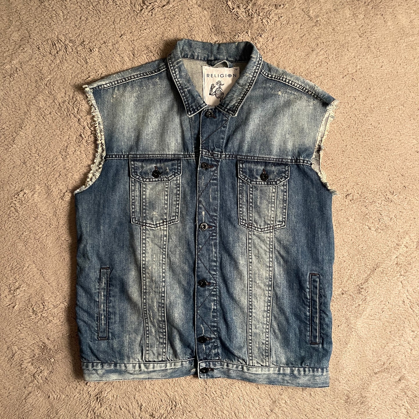 Religion Ripped Denim Vest (L)