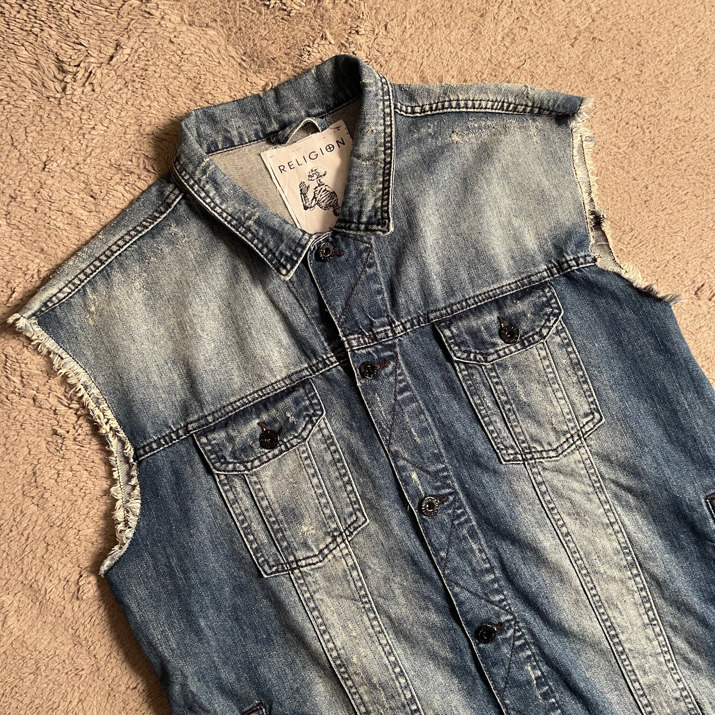 Religion Ripped Denim Vest (L)