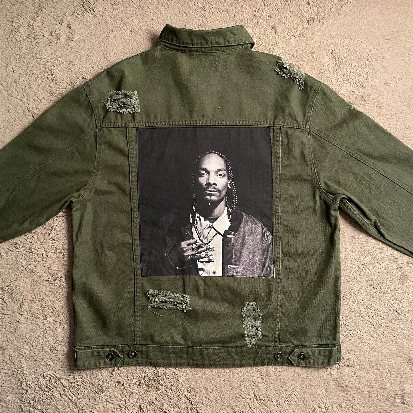 Snoop Dogg Olive Green Ripped Denim Jacket (XL)