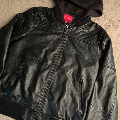 Guess Double-Zip Hooded Leather Jacket (2XL)