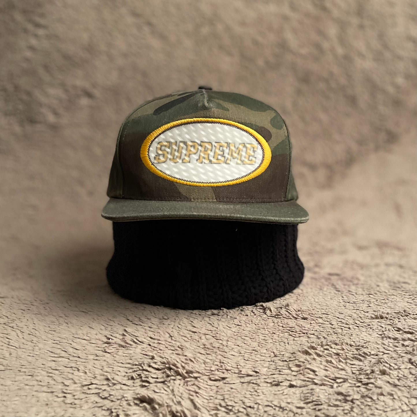 Supreme Overlay Hologram 5-Panel Cap Hat Woodland Camo – ThriftsomeDXB